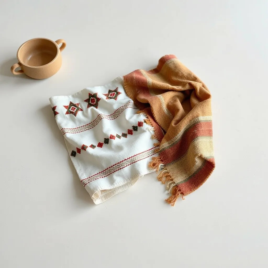 Assorted embroidered and woven Palestinian textiles with clear stitch details on a light linen surface
