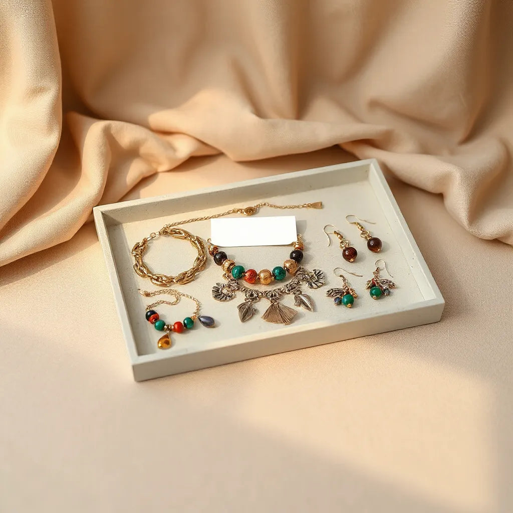 Ethnic-inspired bracelets, necklace, and earrings with interchangeable charms and adjustable chains on a neutral tray