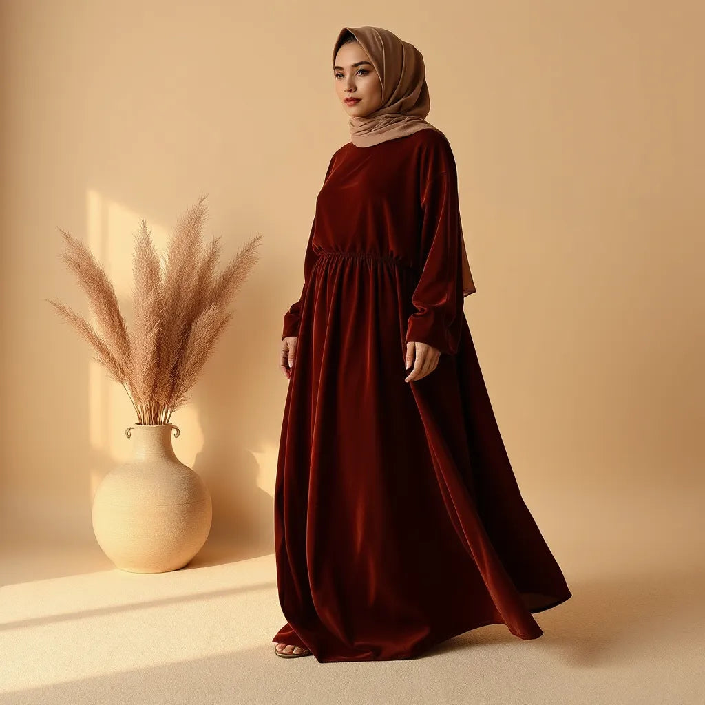 Model wearing a deep velvet abaya with a flowing drape and subtle matching headscarf in a warm studio setting