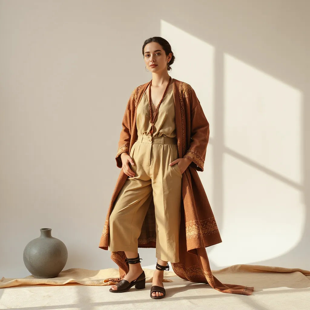 Palestinian-inspired outfit with embroidered details and flowing layers in a sunlit studio setting