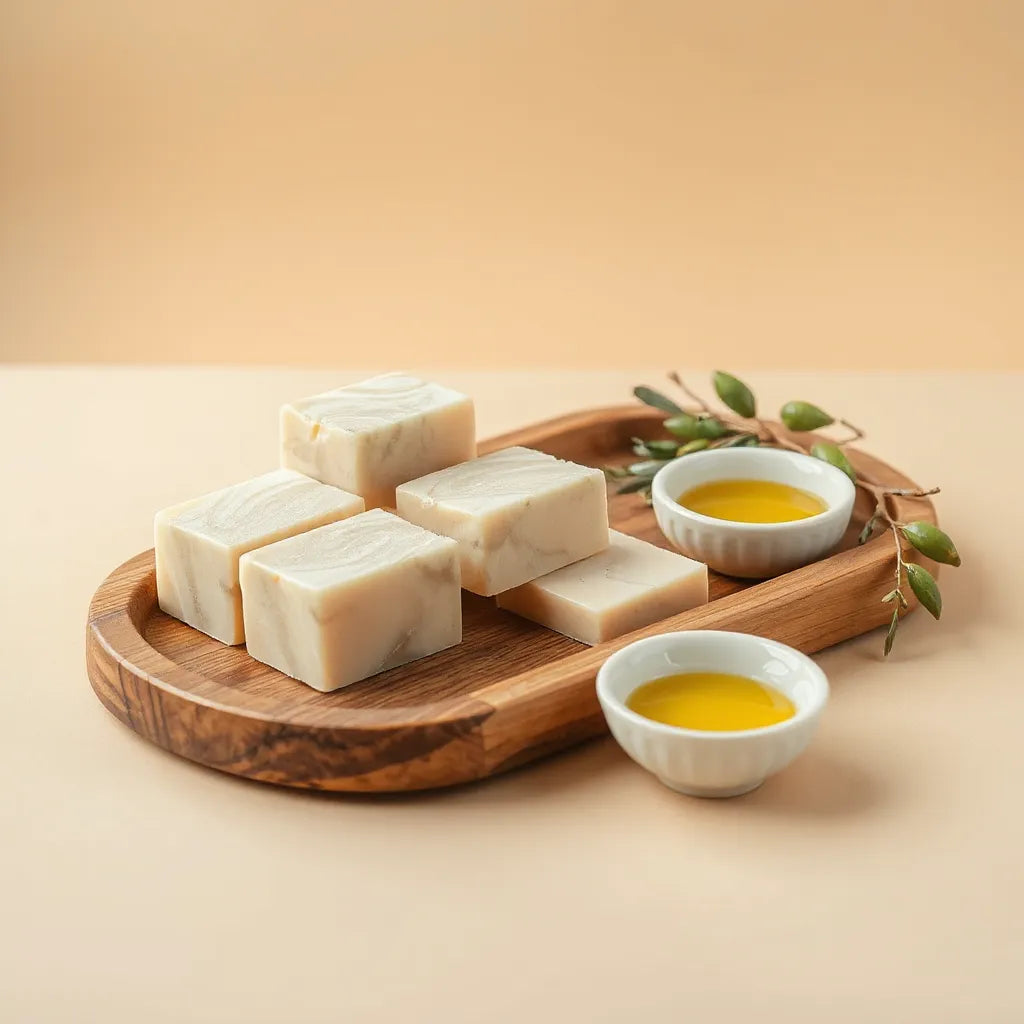 Olive oil soap bars on a wooden tray with olive branches and a small bowl of olive oil