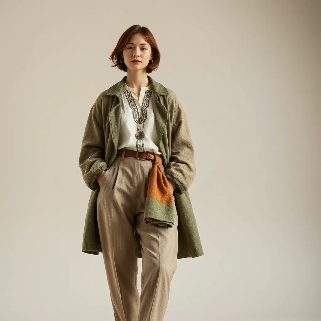 Model in a modern outfit with heritage-inspired embroidery and textured fabric on a neutral studio backdrop