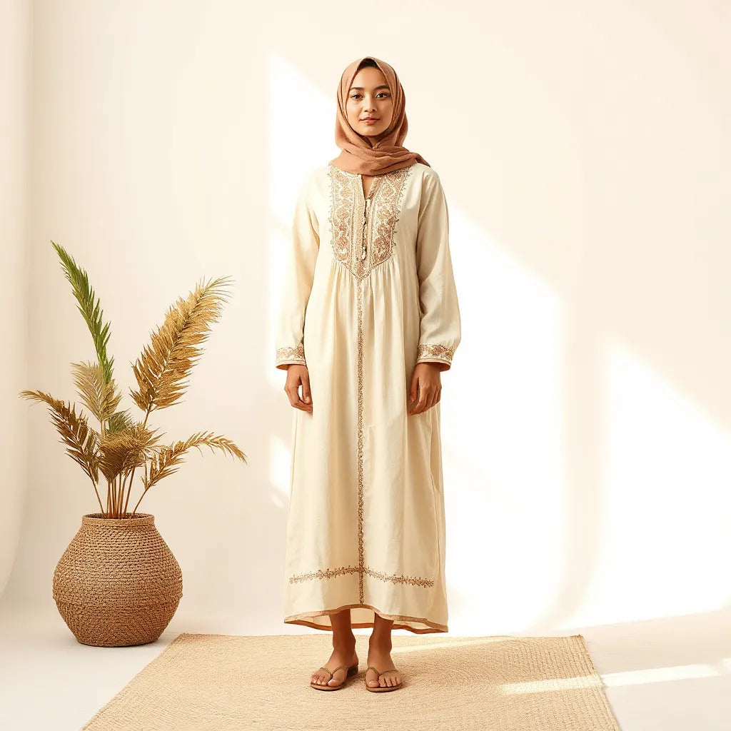 Model wearing a long embroidered traditional Palestinian thobe with a neutral headscarf in a bright studio