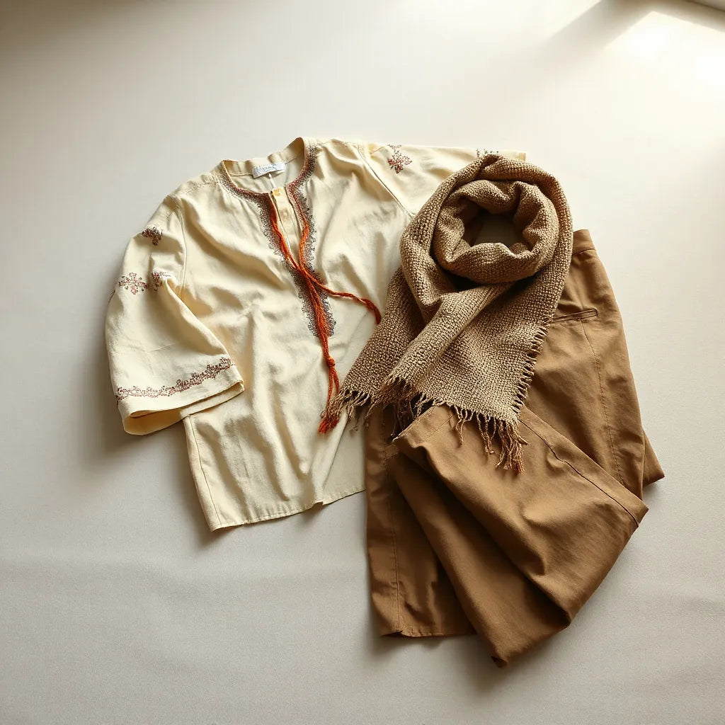 Folded embroidered tunic, textured scarf, and handcrafted trousers on a neutral linen surface