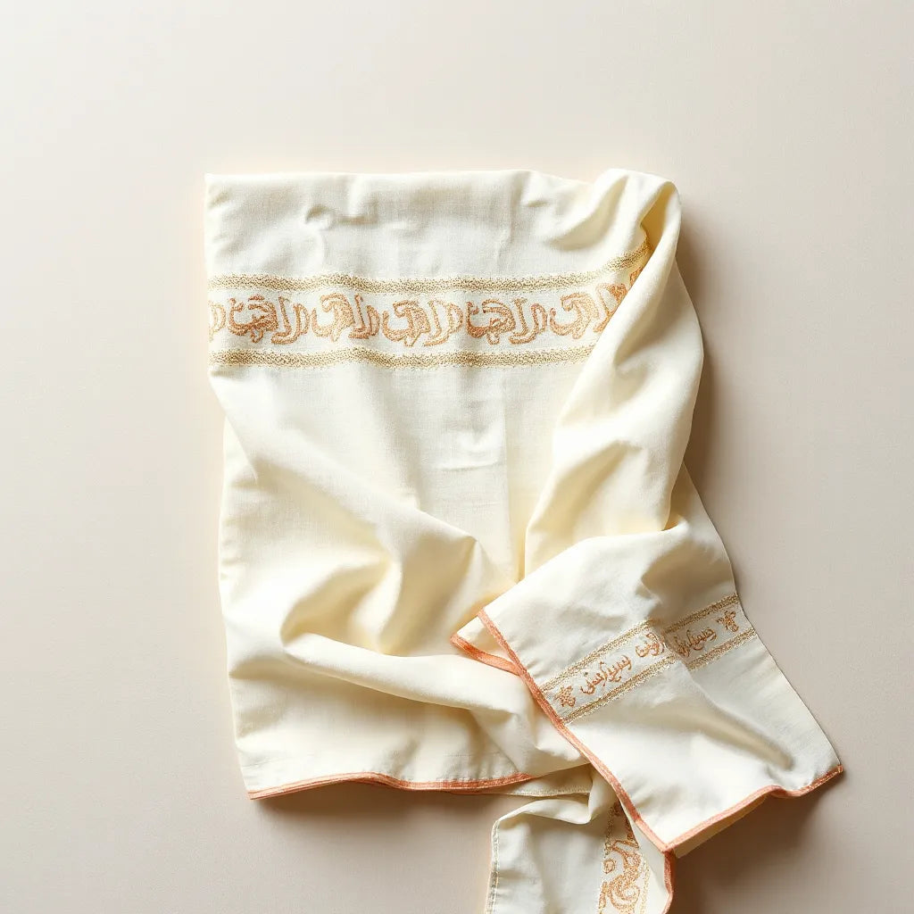 Folded embroidered thobe fabric with visible intricate threadwork and draped sleeve detail on a neutral background