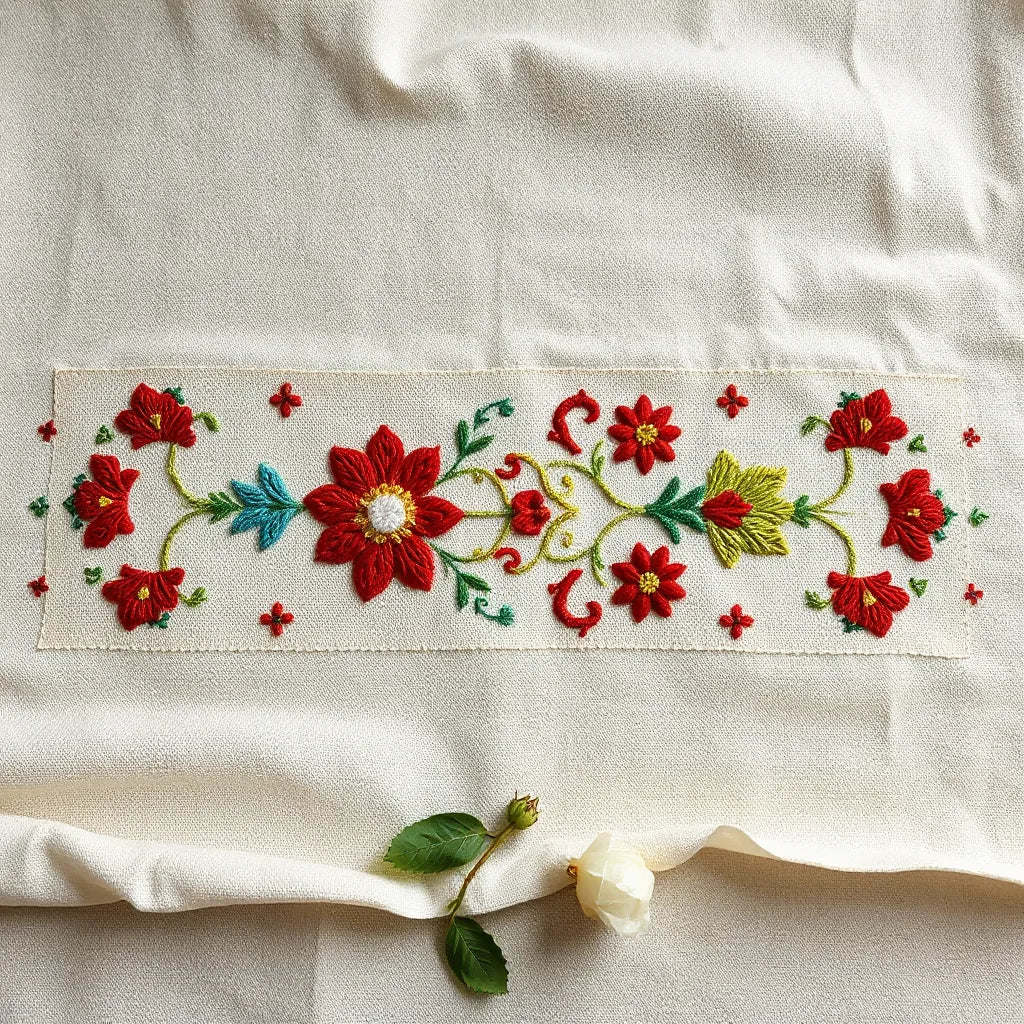 Close-up of intricate Palestinian embroidery motifs with colorful hand-stitched thread on neutral fabric