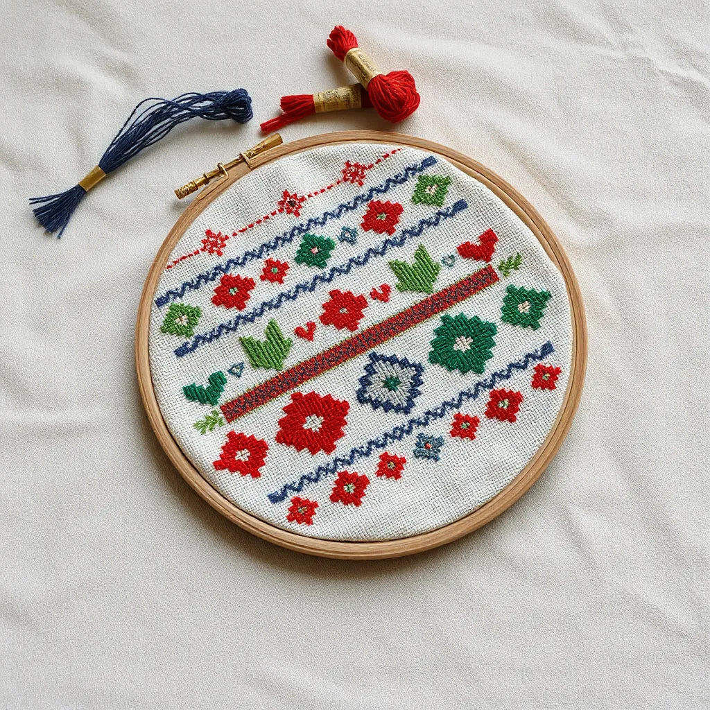 Colorful Palestinian tatreez embroidery stitches with threads laid out beside a small hoop on neutral fabric