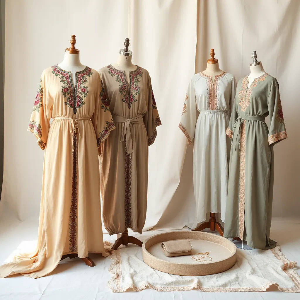 Mannequins dressed in a collection of embroidered kaftans with detailed neckline and sleeve stitching