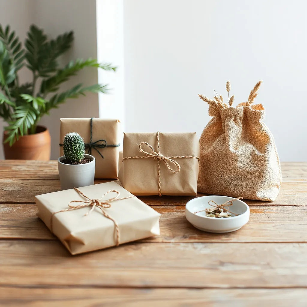 Eco-friendly wrapped gifts with kraft paper, natural twine, and a small potted plant on a wooden table