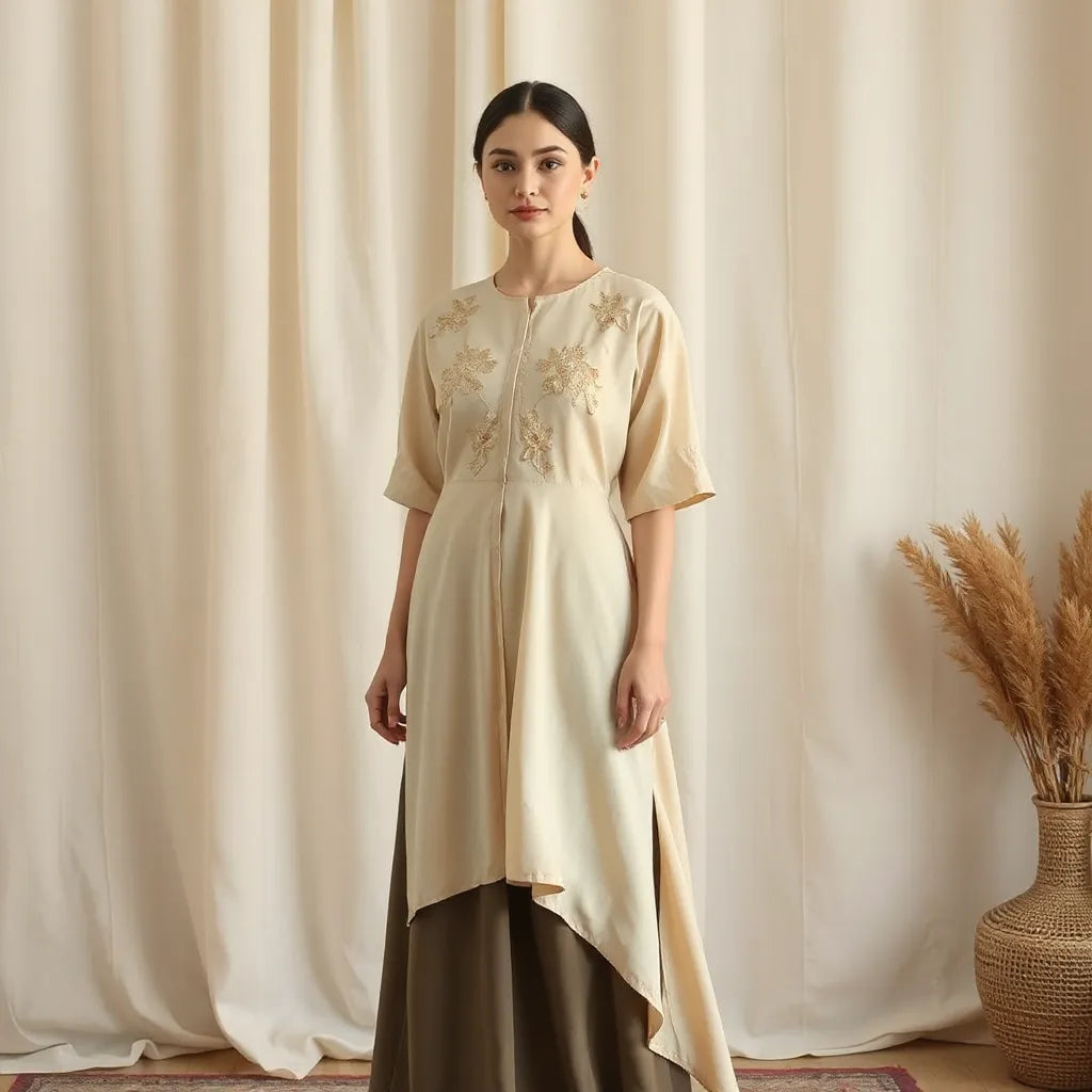 Elegant heritage occasion wear with delicate embroidered accents in a softly lit, minimal indoor setting.