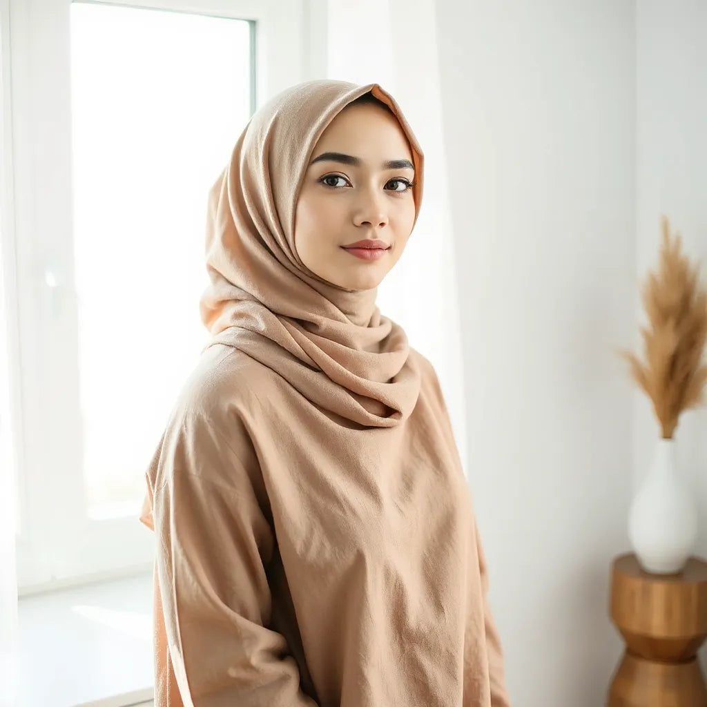 Woman wearing a flowing lightweight hijab with soft drape in natural daylight by a window