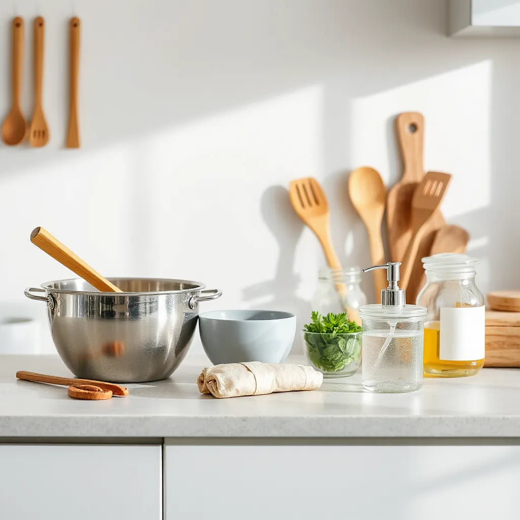 Eco-friendly kitchenware set on a sunlit countertop with reusable storage and utensils