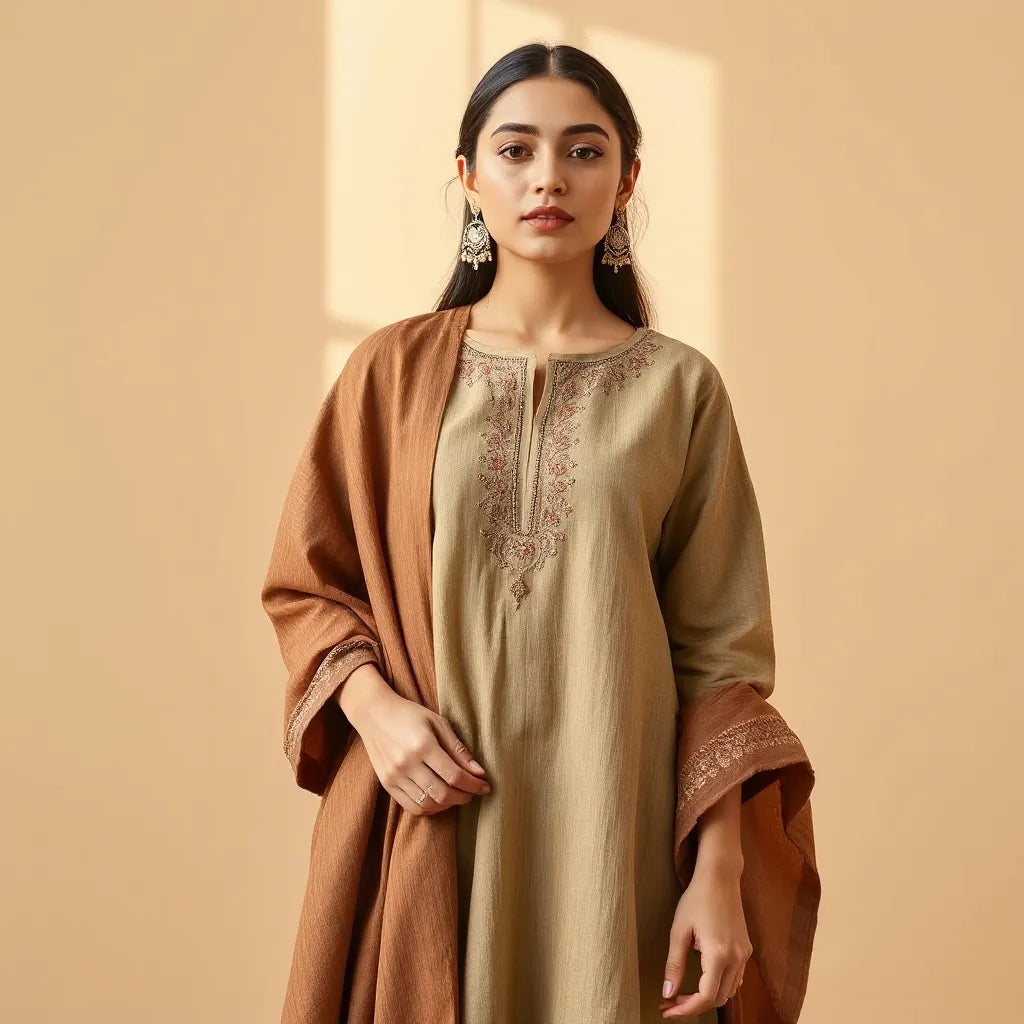 Heritage-inspired occasion outfit with embroidered details and a draped shawl in soft natural light