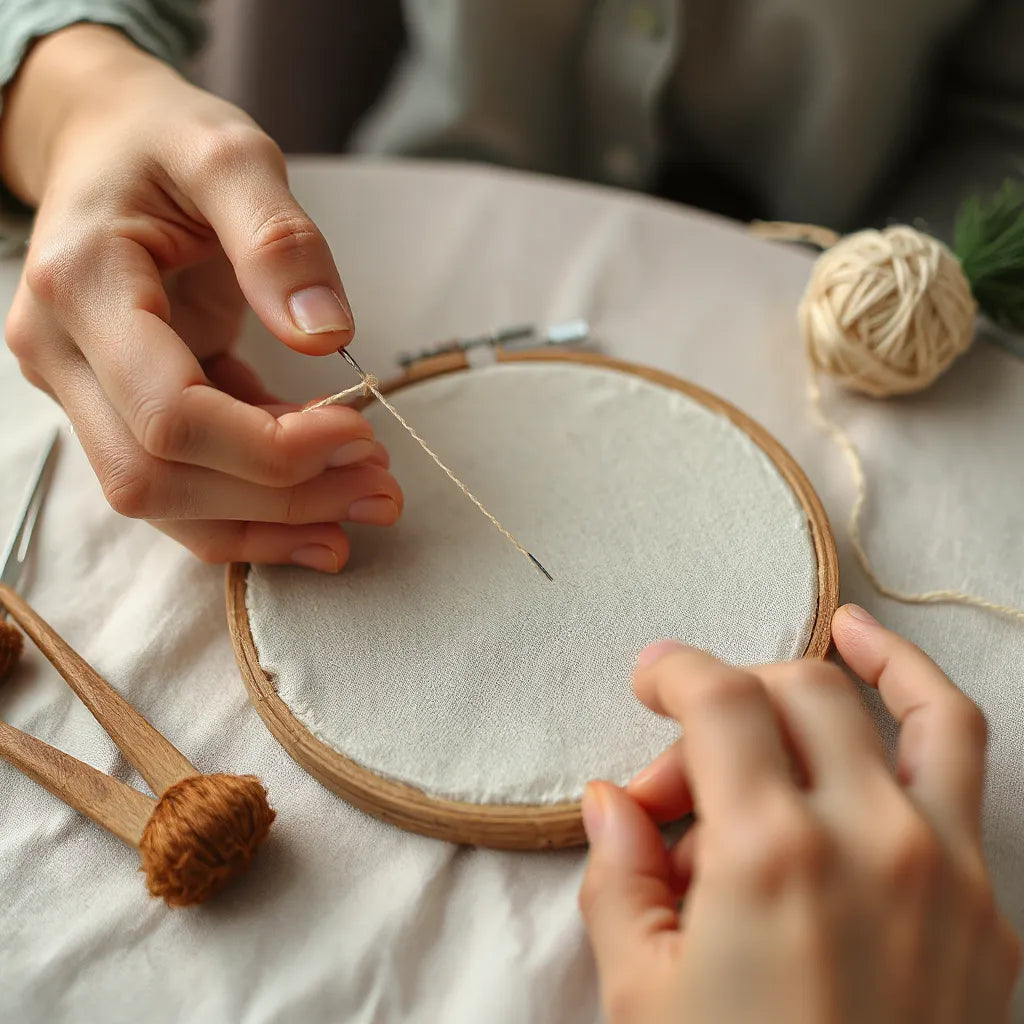 Hands embroidering with a needle on fabric in a hoop, showing detailed traditional stitch patterns