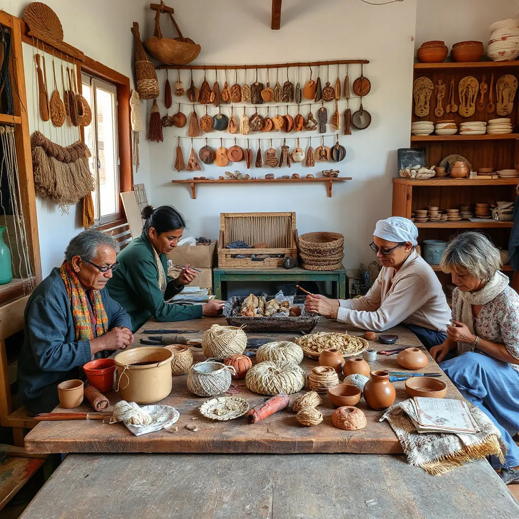 Artisans collaborate in a workshop with handmade textiles, carved wood, and pottery on a worktable