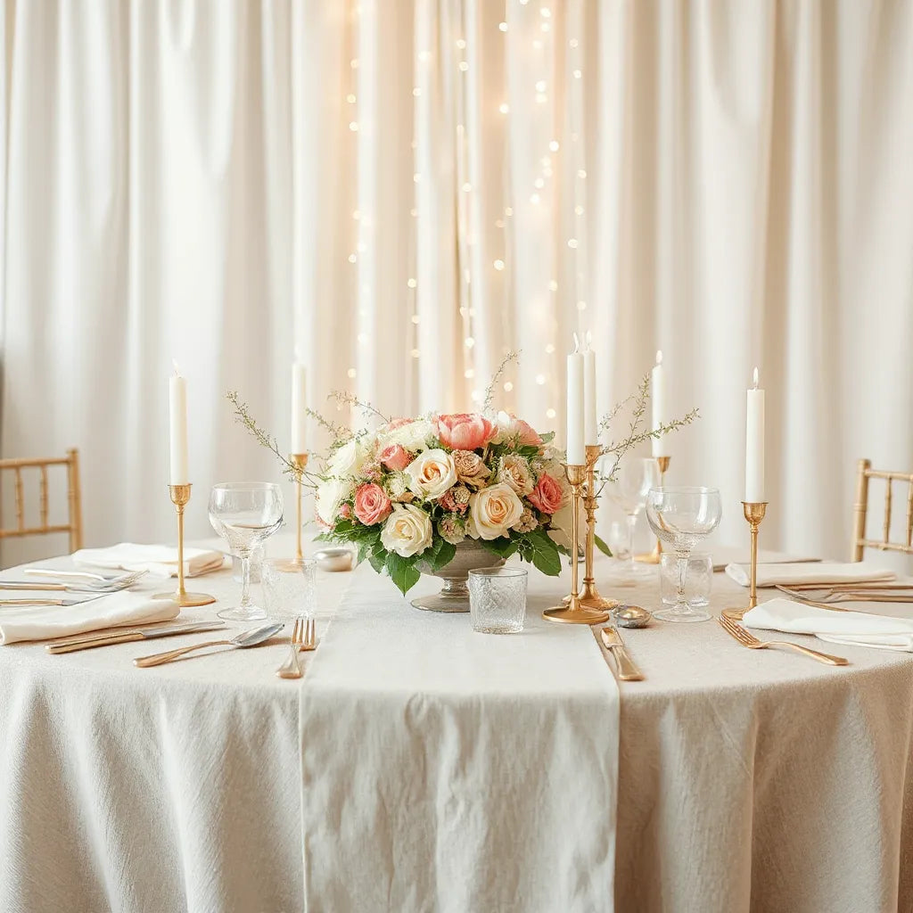 Wedding reception table with floral centerpieces, candles, and soft draped décor for a celebration
