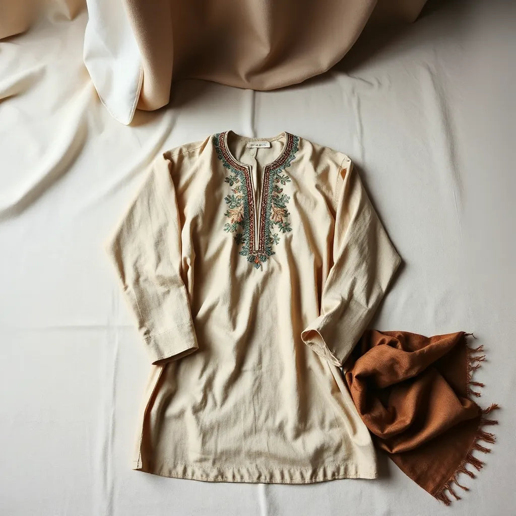 Intricately embroidered thobe with detailed neckline and cuffs displayed on a clean background