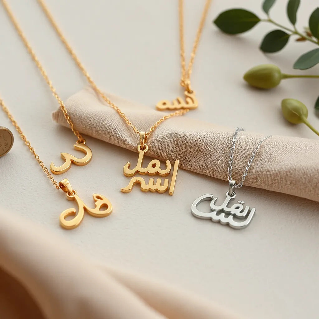 Assorted name pendant necklaces in gold and silver tones arranged on a neutral fabric backdrop