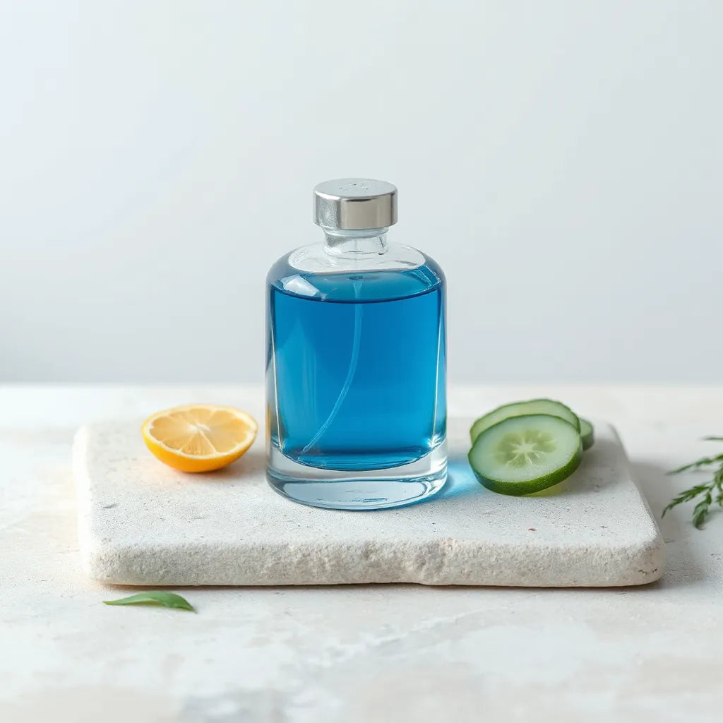 Minimal perfume bottle with cool water droplets and fresh citrus accents on a light stone surface