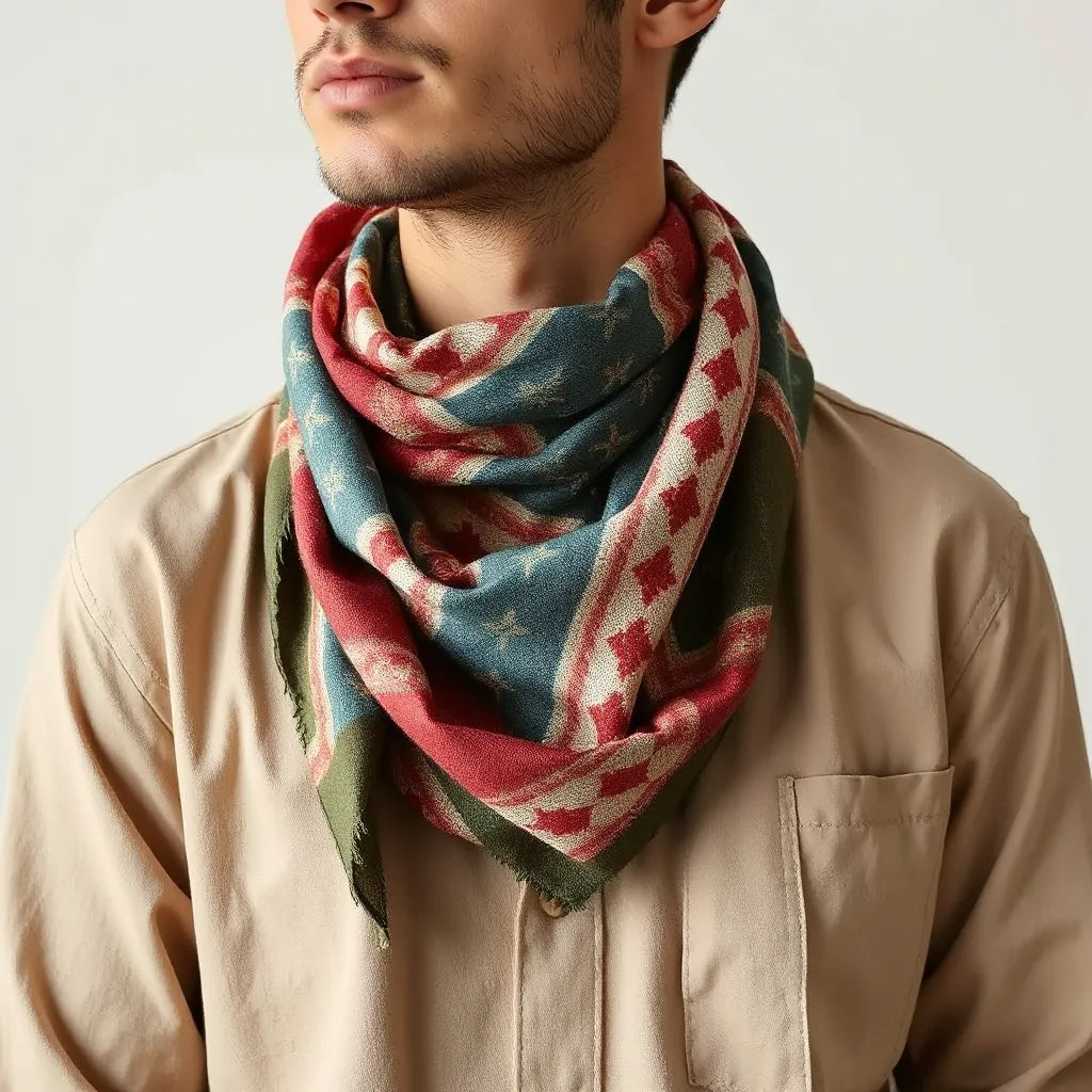 Multicolor kuffiyeh scarf with red, blue, green, and cream pattern draped around the neck in soft light