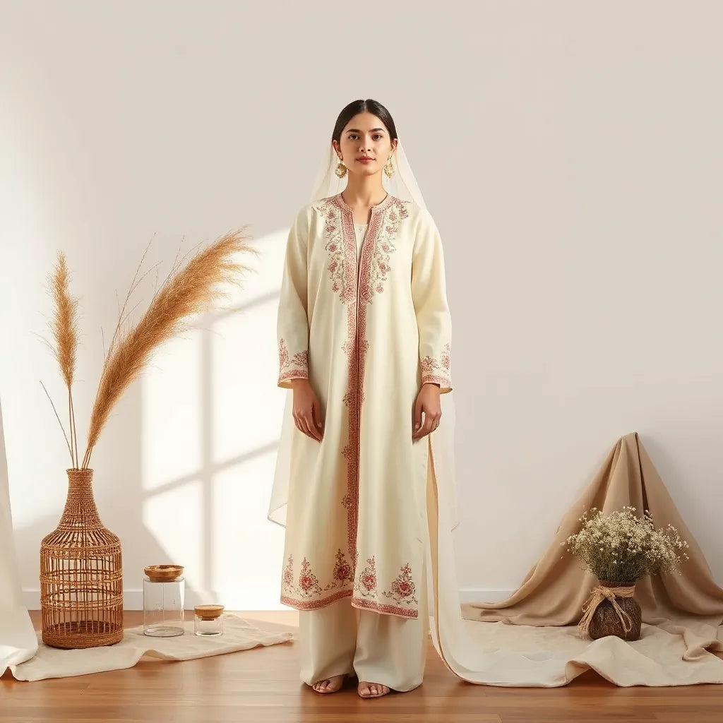 Woman wearing an elegantly embroidered heritage thobe in soft light with a minimal neutral background