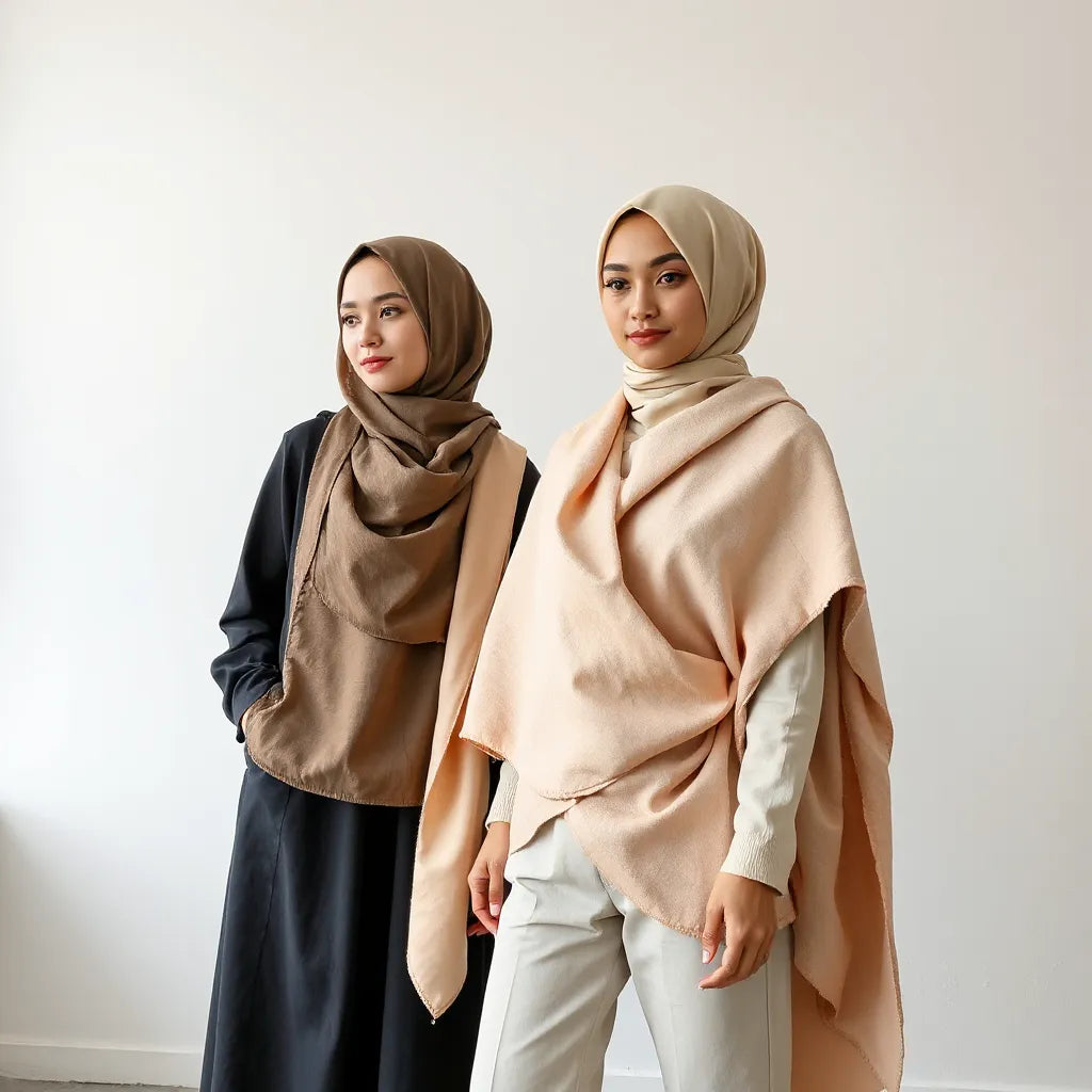 Two models wearing neatly styled hijabs in soft neutral tones with modest long-sleeve outfits