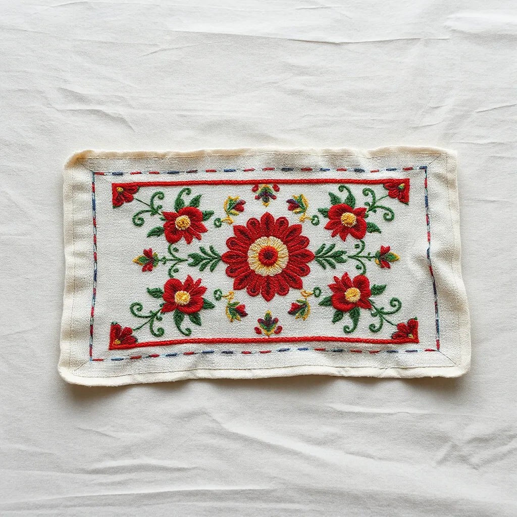 Close-up of richly colored Palestinian embroidery stitches and traditional motifs on fabric