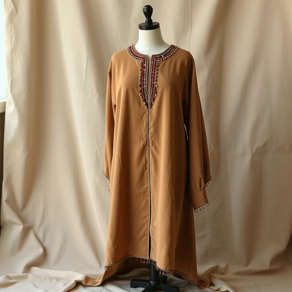 Velvet thobe with visible hand-beaded neckline and front detailing displayed on a neutral backdrop