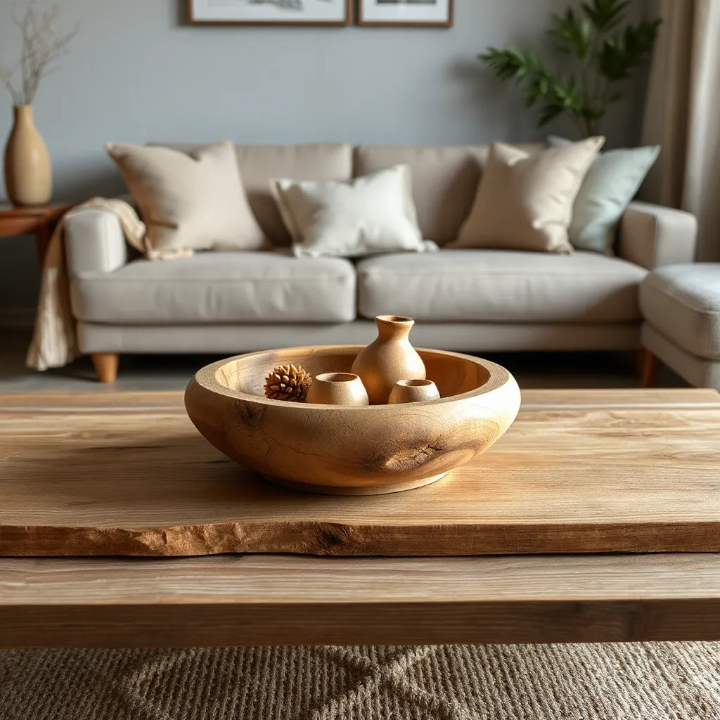 Olive wood decor pieces on a coffee table with warm, natural living room styling