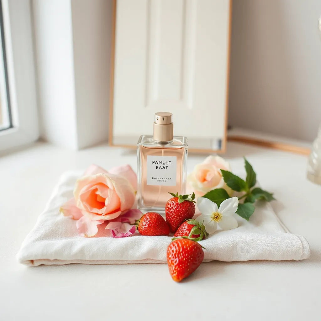 Elegant perfume bottle beside rose petals, jasmine blooms, and ripe strawberries on a light linen surface