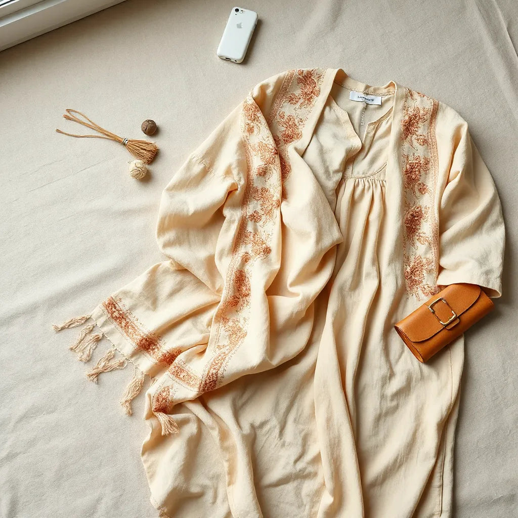 An embroidered shawl with detailed stitching styled beside a simple outfit on neutral fabric