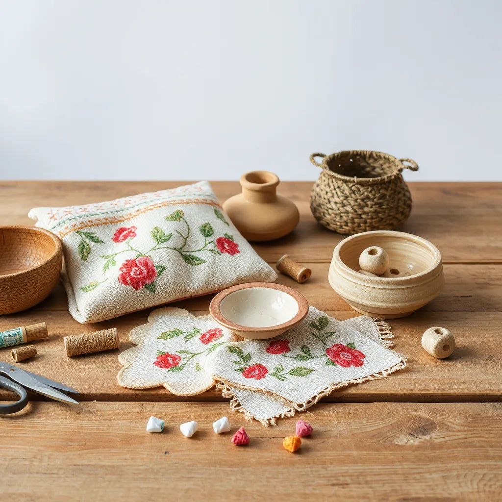 Embroidered textiles and handmade pottery arranged on a wooden artisan table