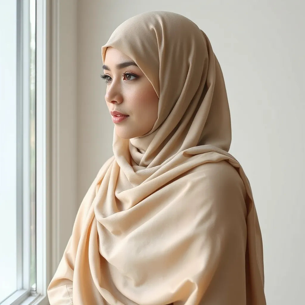 Lightweight chiffon hijab draped neatly on a model with visible soft fabric texture and flowing folds