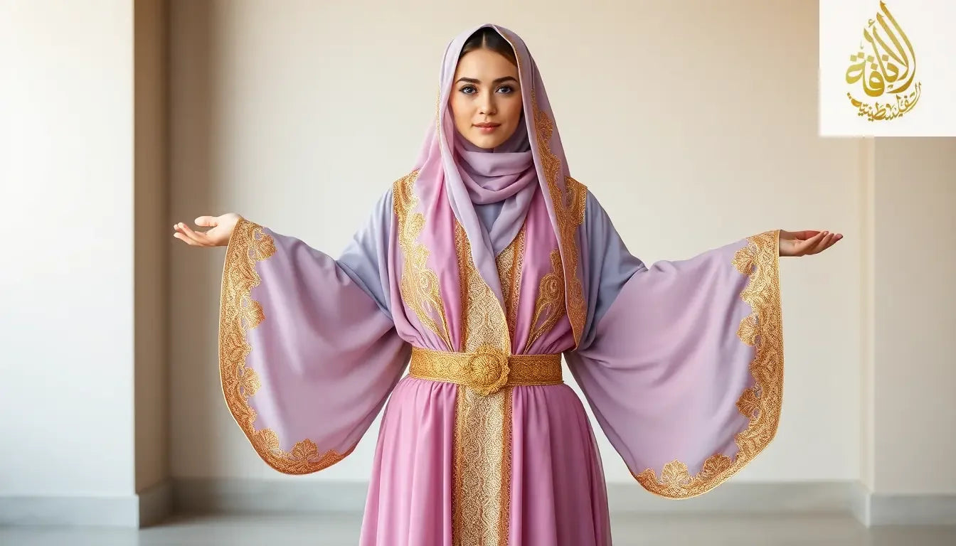 A realistic full woman wearing a full long ciffon colorfull open abaya bisht with intricate golden embroidered patterns on the front panels, sleeves, and a wide belt.