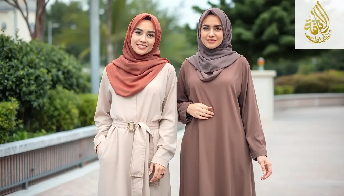 2 Muslim woman wearing a stylish full jilbab, standing together in outdoors.The jilbab is long, modest, and stylish with a belt in one jilbab and other one jilbab will be different at the waist and full-body view