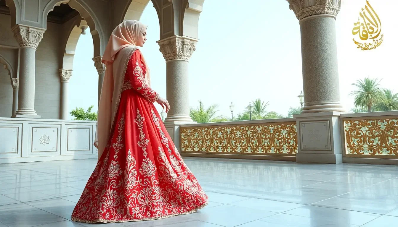 a luxurious embroided arabic wedding or bridal long gown dress on a hijabi women 
