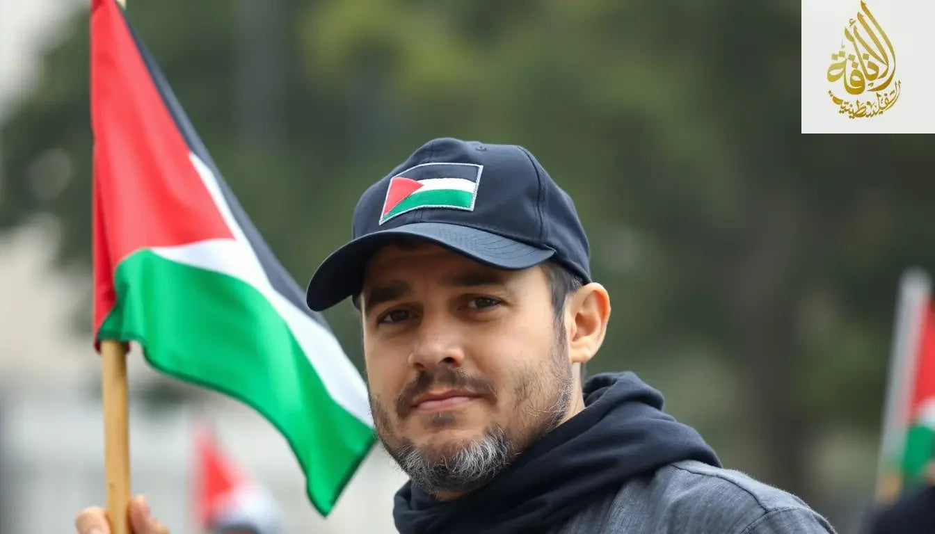 Man wearing a black cap with embroidered Palestinian flag, holding a Palestinian flag in his hand, standing proudly in support of Palestine, realistic photo style