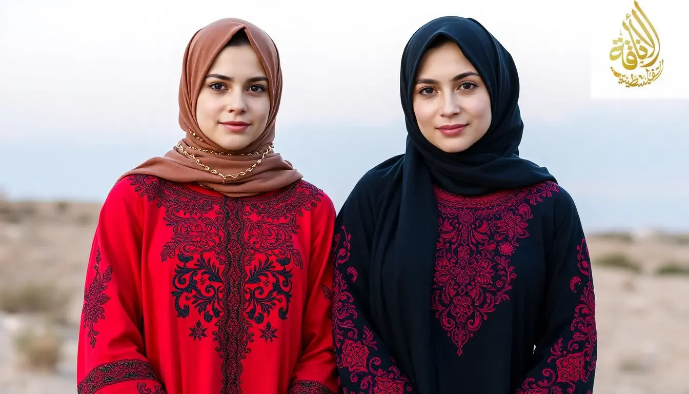 2 muslim hijabi young woman wearing a beautifully embroidered Palestinian thobe and both should wear differwnt embroiderd thoub with vibrant red and black tatreez patterns