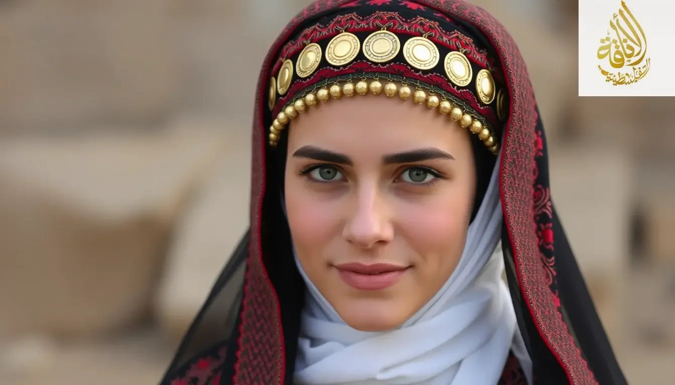 A palestinian young women wearing a traditional Awka headpiece with gold coins, embroidered red and black fabric, and a black veil