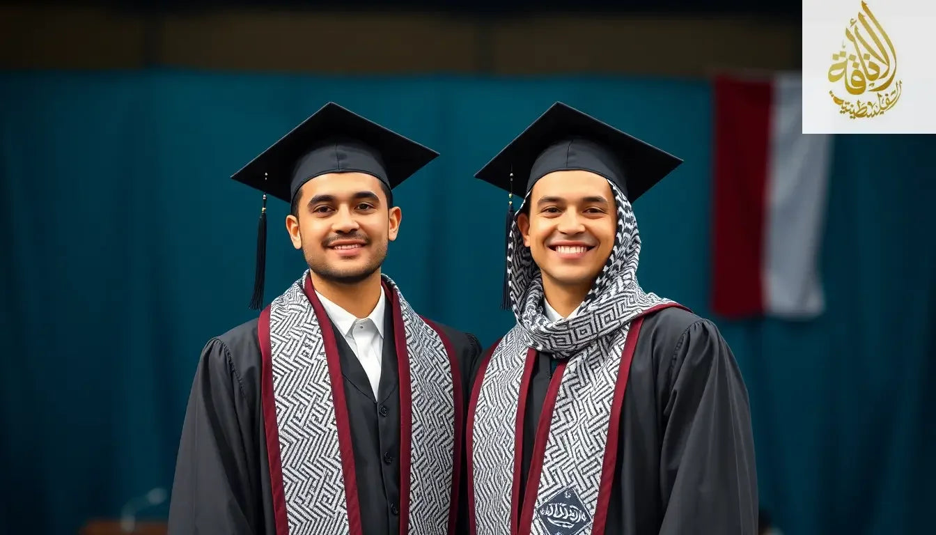 "A proud university graduate standing on stage in a cap and gown, wearing a traditional Palestinian black and white pattern keffiyeh graduation stole draped over their shoulders.the palestinian cultural balc and white kuffyeh will be full show