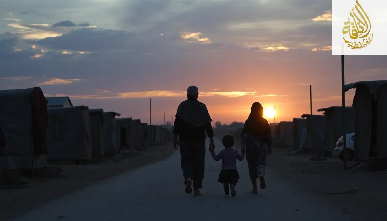 Palestinian Refugees family silhouettes walking between tents at sunset in a makeshift camp
