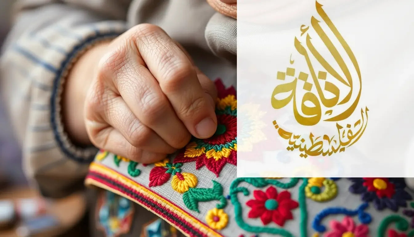 Untold Story of Tatreez Embroidery showing hands stitching colorful Palestinian floral tatreez on traditional fabric