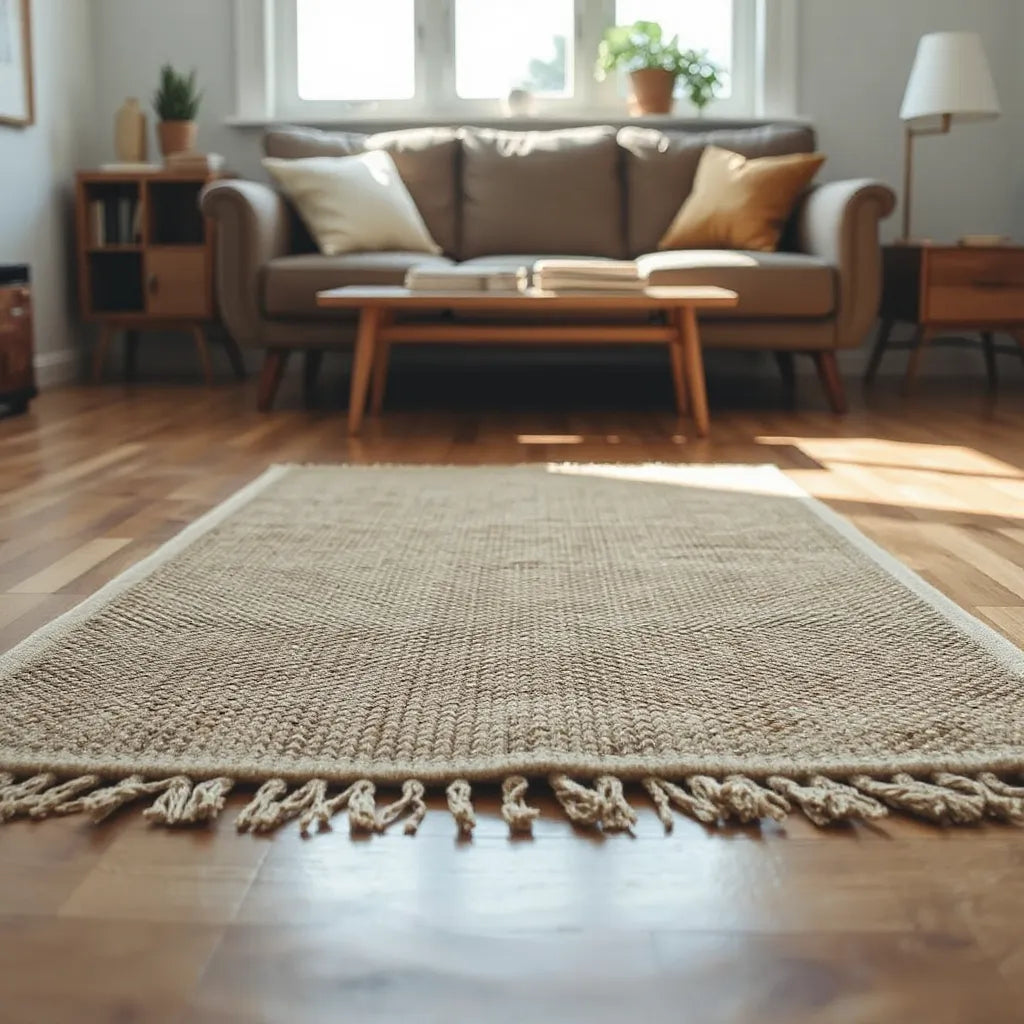 Sunlit living room featuring a handwoven rug with detailed texture and soft fringes on a hardwood floor