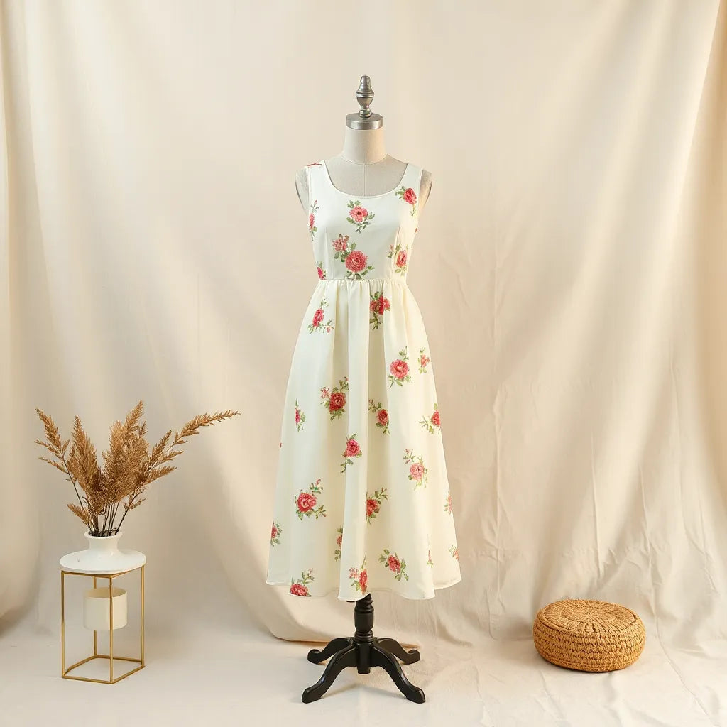 Floral embroidered dress with detailed floral stitching on a mannequin against a neutral background