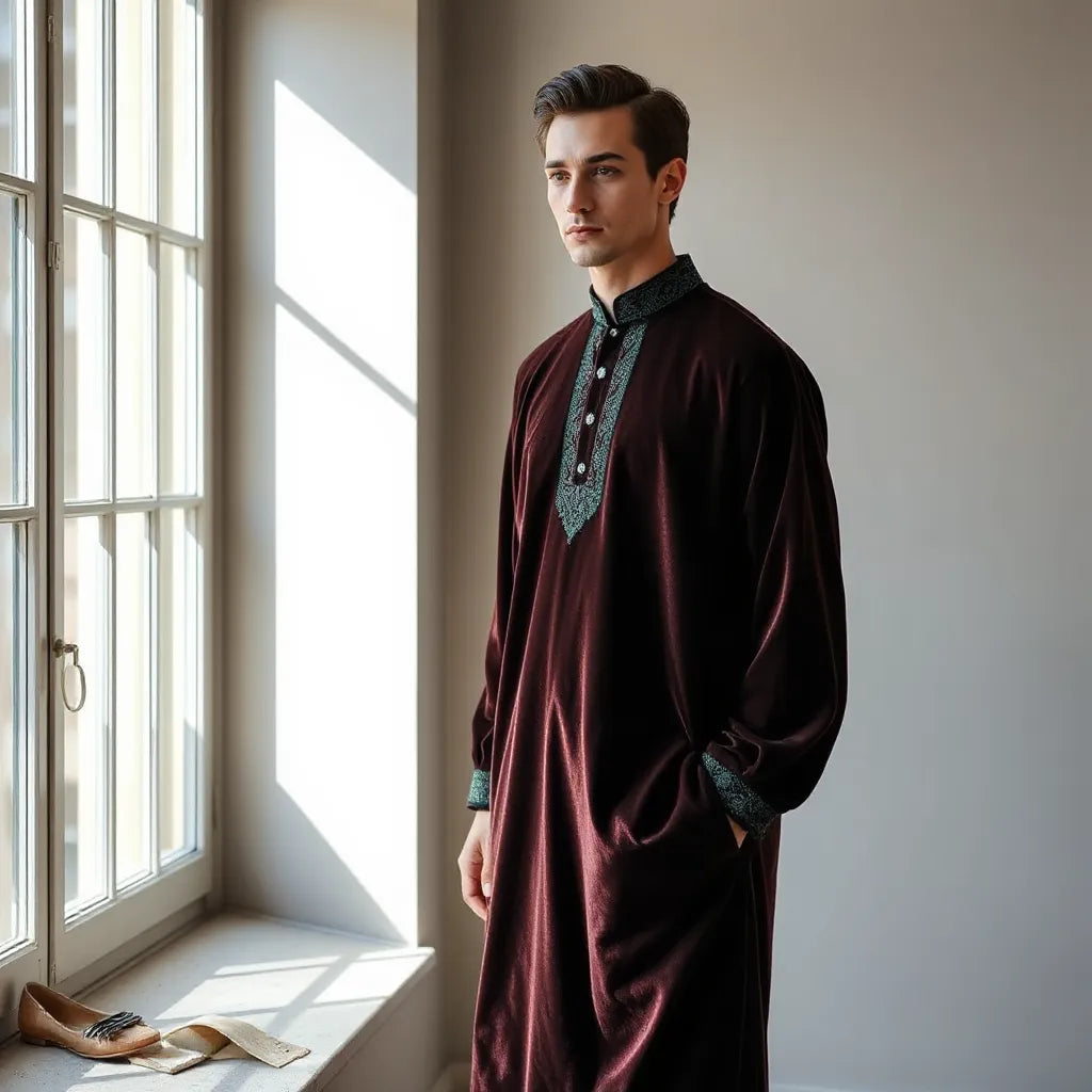 Model wearing a deep jewel-tone velvet thobe with tailored drape and subtle neckline detailing