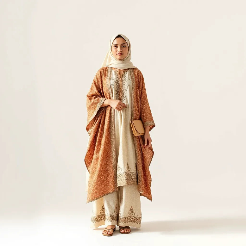 Woman in a modern cultural outfit with coordinated patterns and a neatly styled head covering