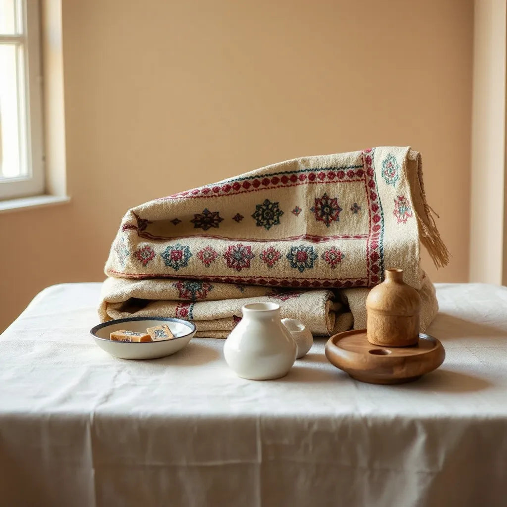 Assorted handcrafted Palestinian-inspired goods including embroidered fabric, ceramic ware, and soap bars on a table.