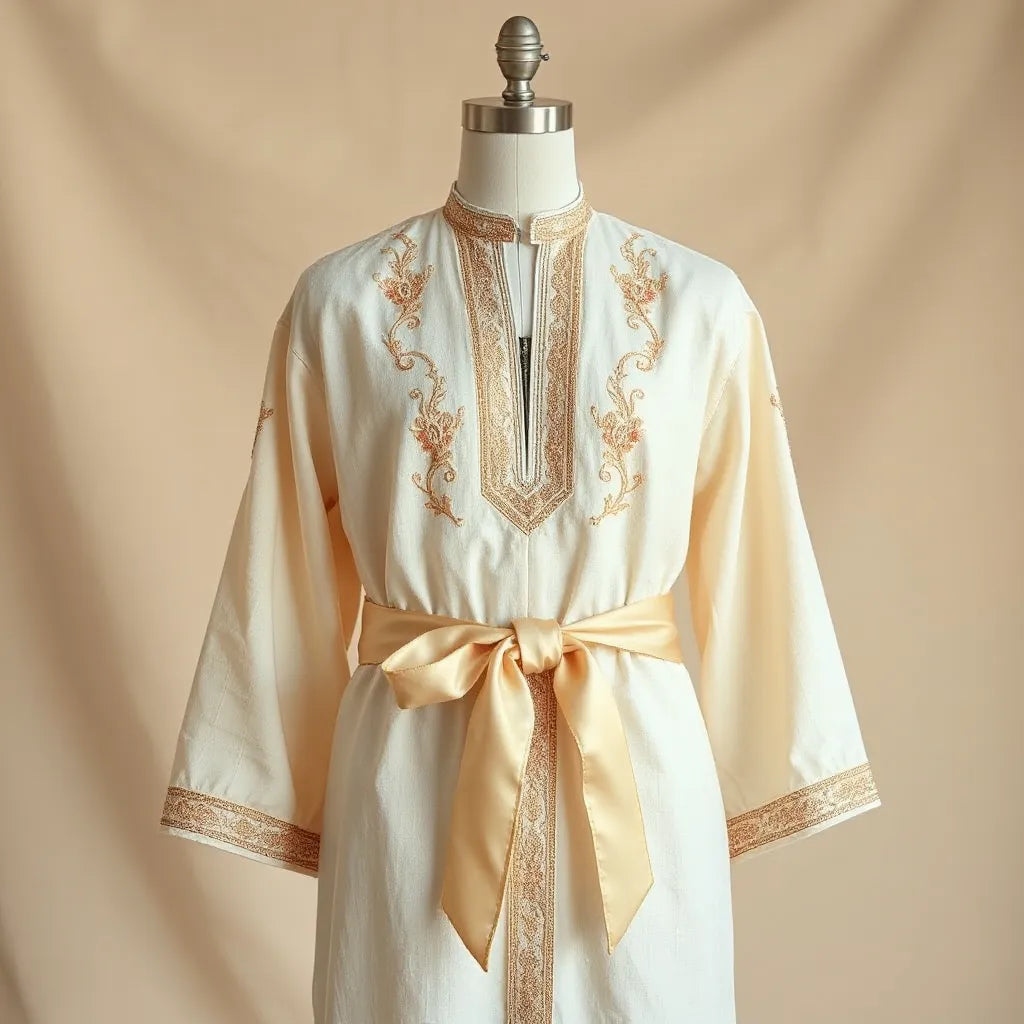 Embroidered thobe with satin belt tied at the waist, showing detailed front embroidery and flowing silhouette.