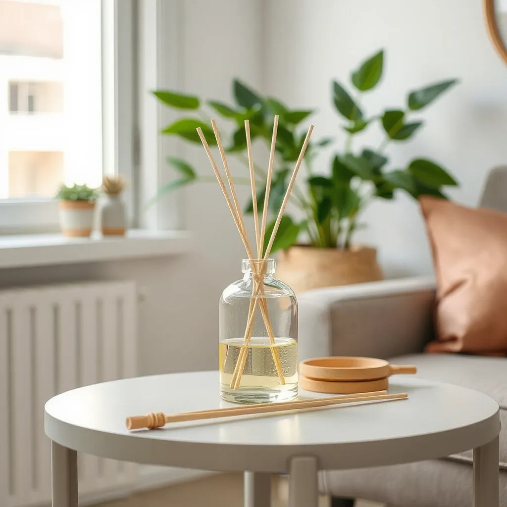 Glass diffuser with rattan reeds on a side table, filling a bright, neutral room with lasting freshness