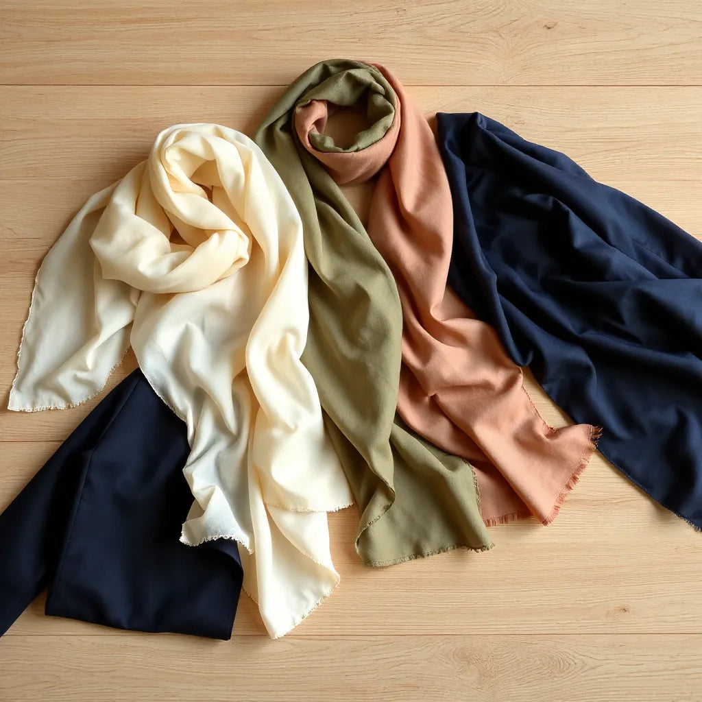 Elegant scarves in coordinated colors draped over a blazer and dress fabric on a neutral background
